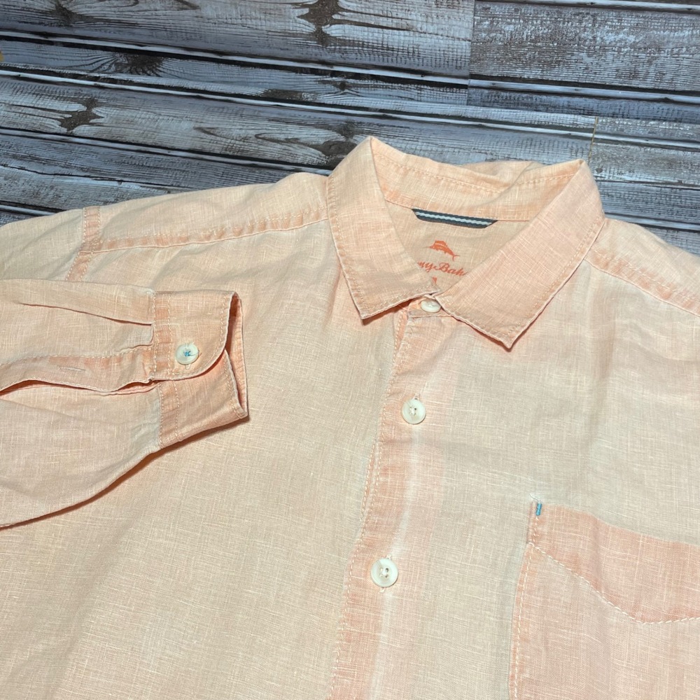 Tommy Bahama Mens Linen‎ Long Sleeve Button Down Shirt Peach XL